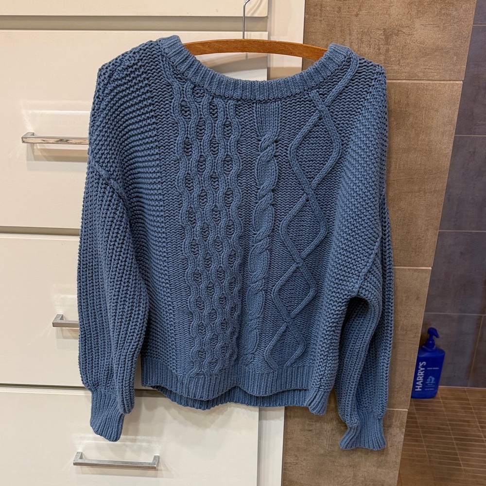 Free People Cozy Cable Knit Crewneck Sweater - Blue